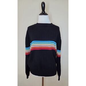 Ecowish Women’s Knit Sweater Black Rainbow Stripe 80s Size L